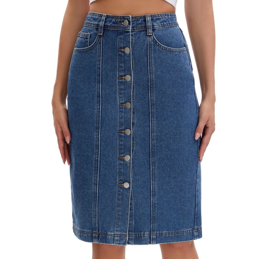 Women's Denim Skirt Button Down Knee Length Jean Skirts Blue